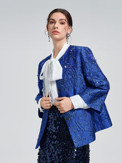 Royal Blue Hand-Beaded Jacquard Jacket