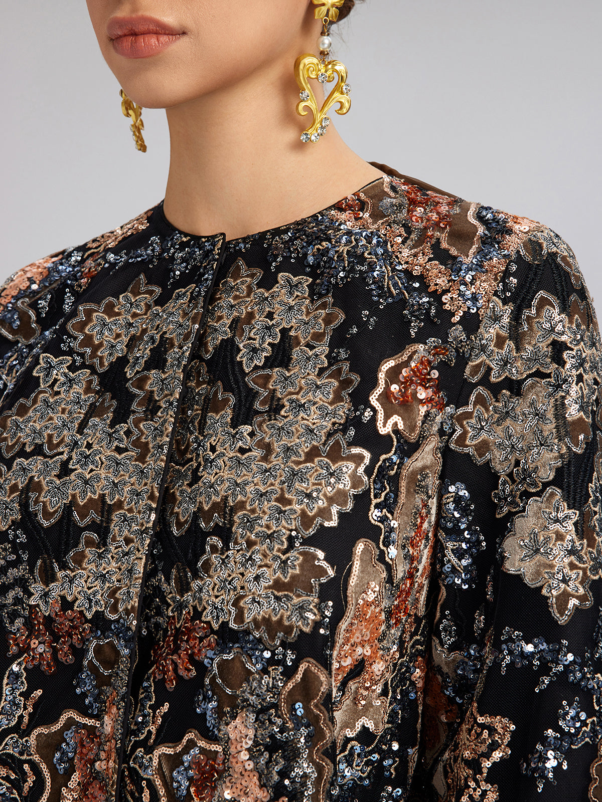 Sequin Vine Embroidered Tie-Neck Jacket