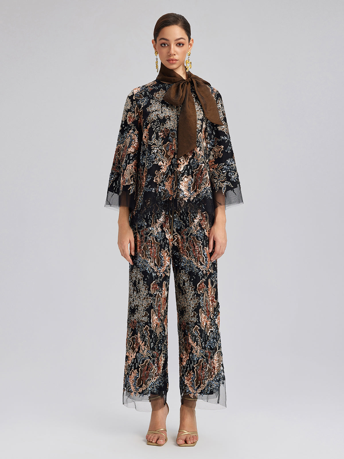 Sequin Vine Embroidered Tie-Neck Jacket