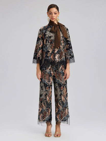Sequin Vine Embroidered Tie-Neck Jacket