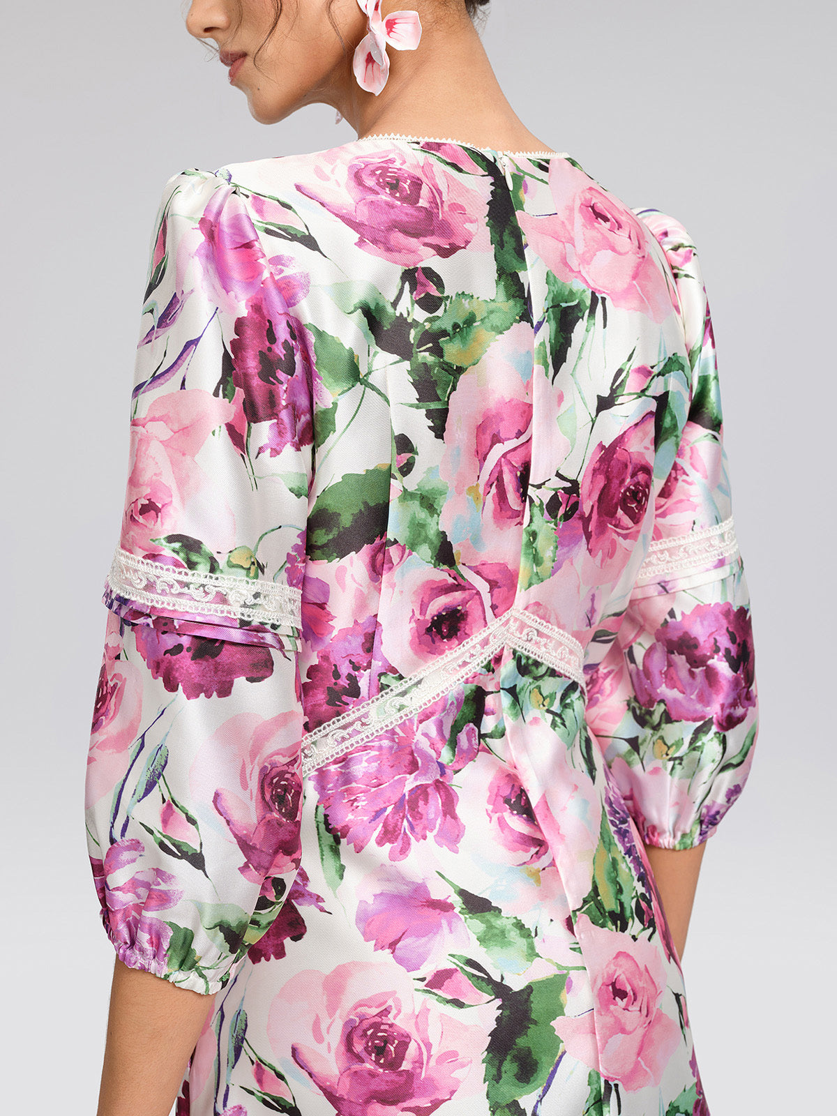 Rose Print Satin Lace Dress
