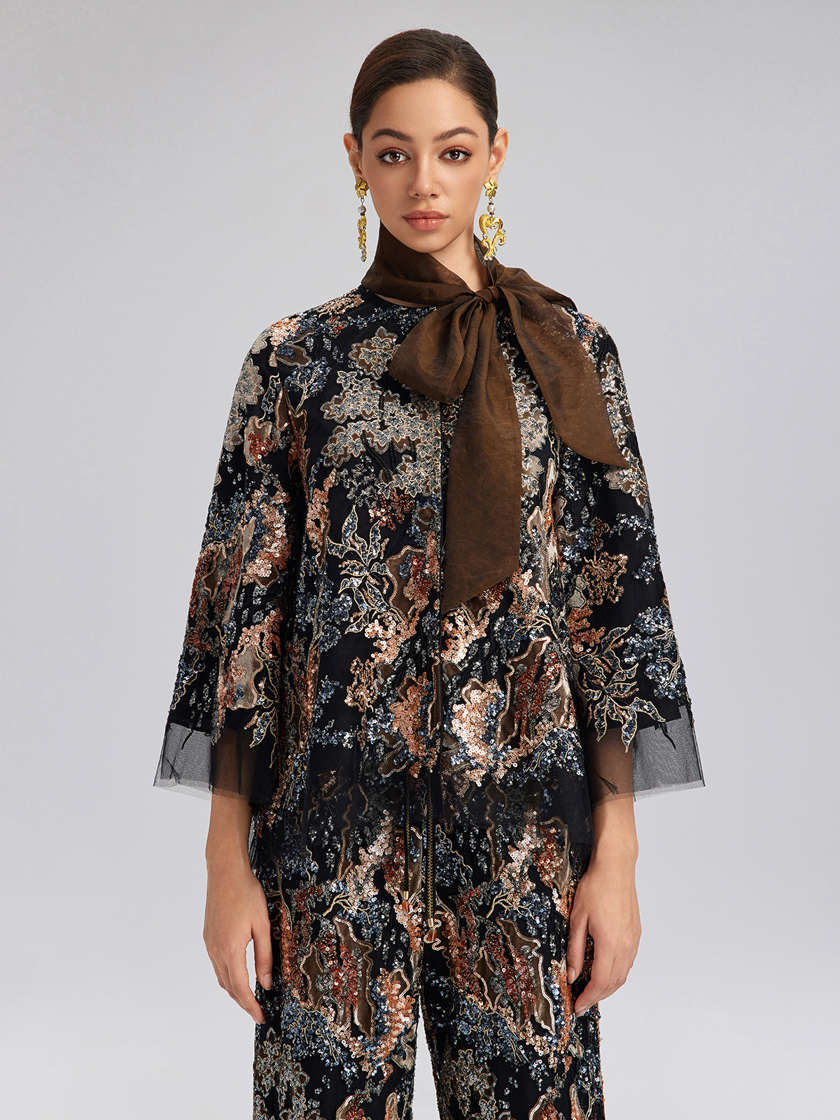 Sequin Vine Embroidered Tie-Neck Jacket