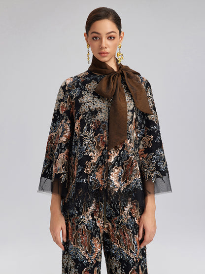 Sequin Vine Embroidered Tie-Neck Jacket