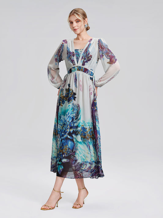 Ink Print Silk Chiffon Dress (Slip Dress Included)