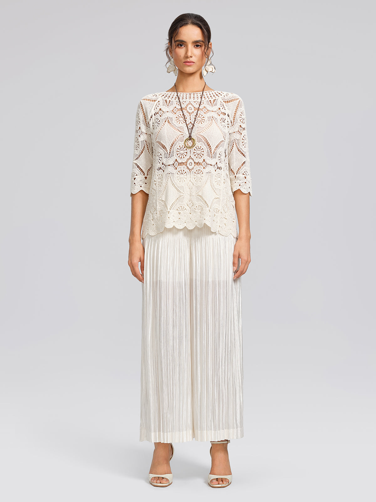 Crochet Lace Cutwork Wave Hem Flared Sleeve Top