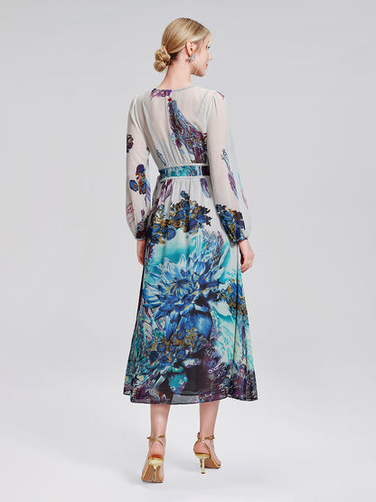 Ink Print Silk Chiffon Dress (Slip Dress Included)
