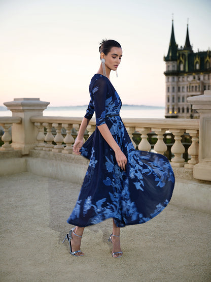 Floral Mesh V-Neck Maxi Dress (Belt Included)
