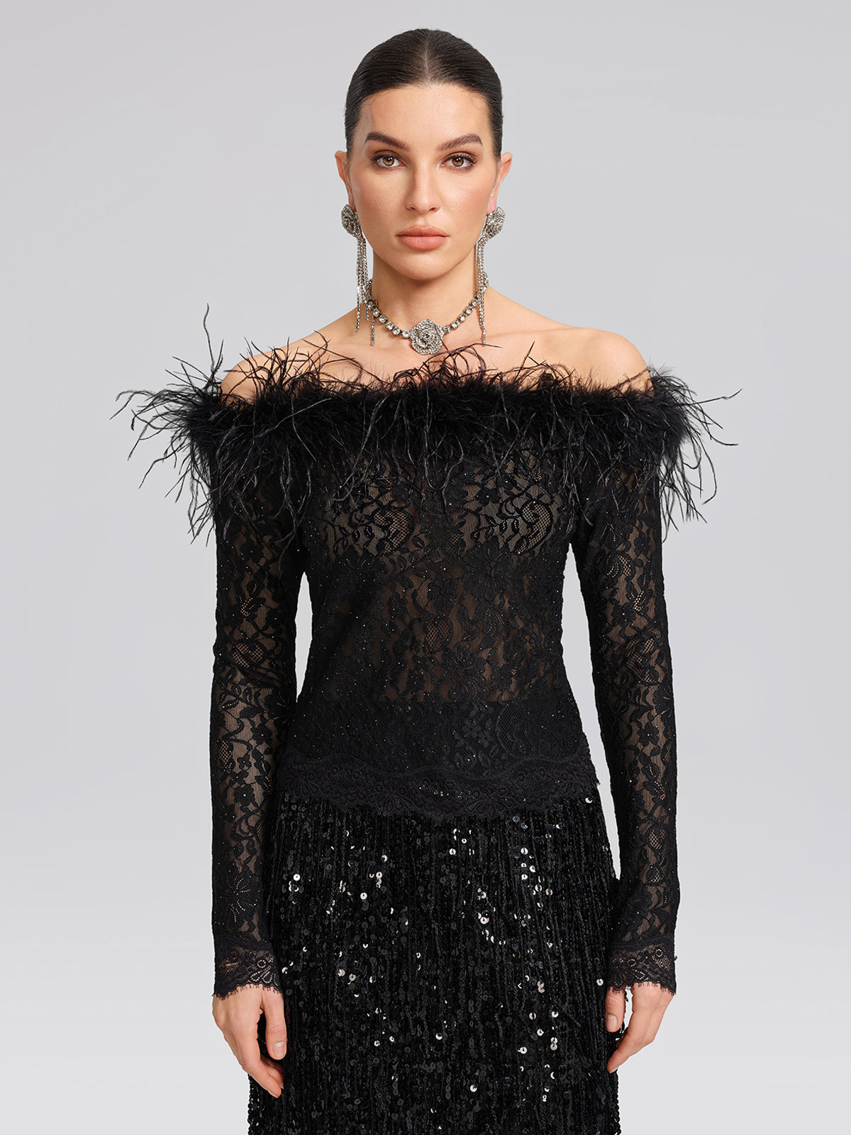 Sequin Lace Off-Shoulder Feather-Trim Top