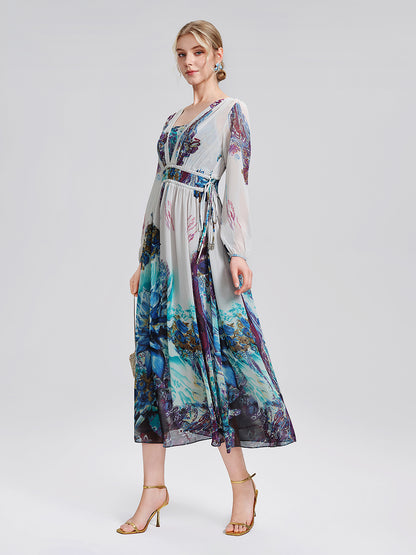 Ink Print Silk Chiffon Dress (Slip Dress Included)