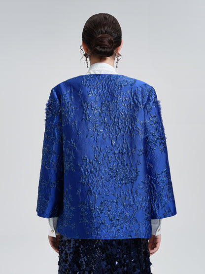 Royal Blue Hand-Beaded Jacquard Jacket