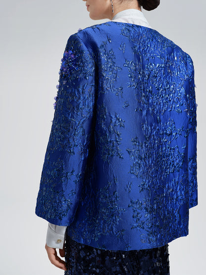 Royal Blue Hand-Beaded Jacquard Jacket