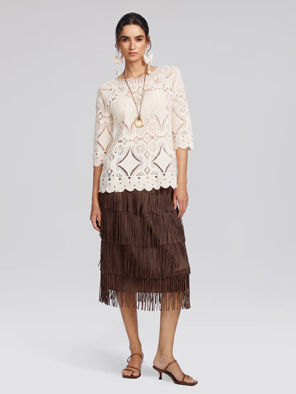 Crochet Lace Cutwork Wave Hem Flared Sleeve Top