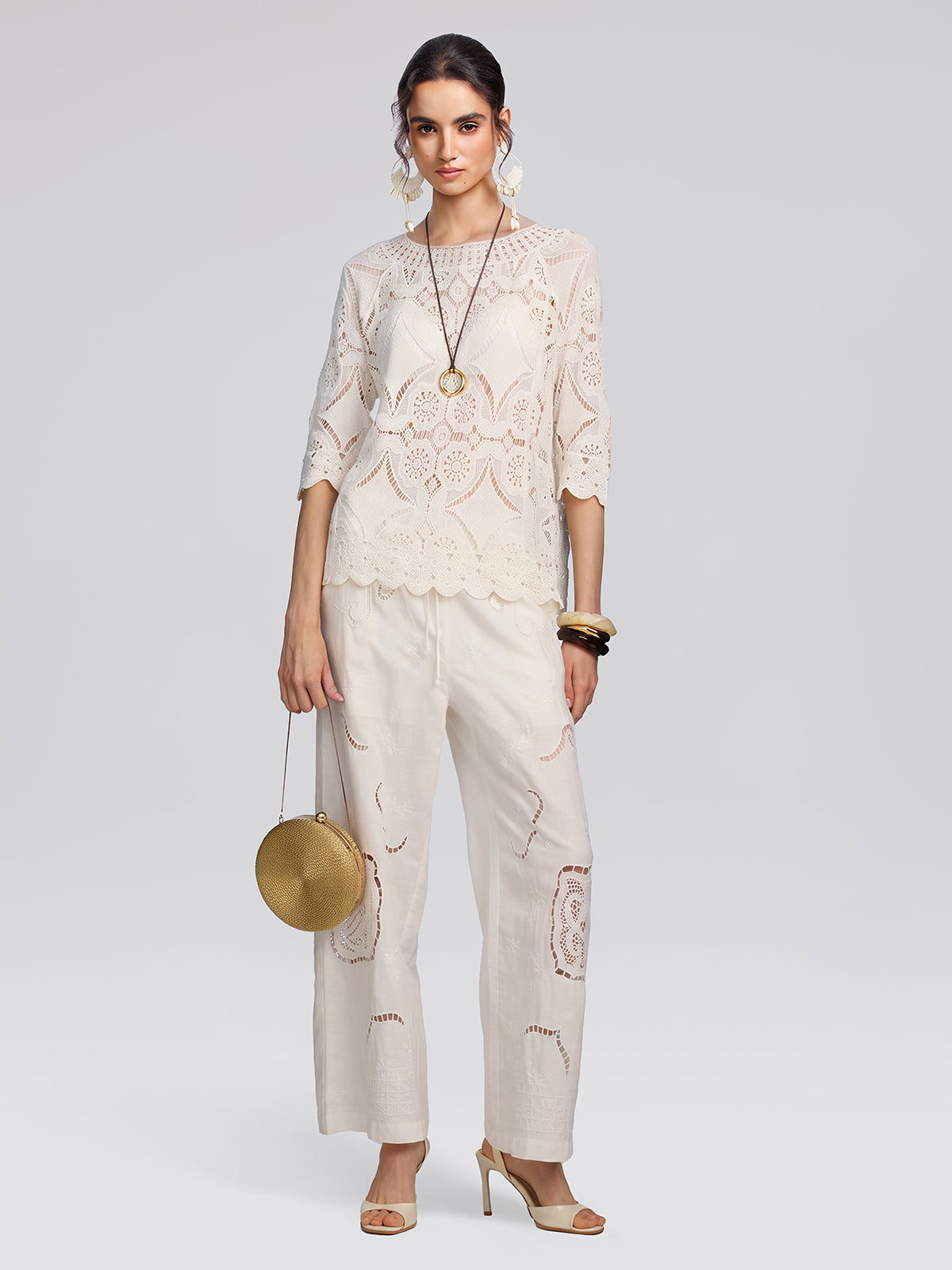 Crochet Lace Cutwork Wave Hem Flared Sleeve Top