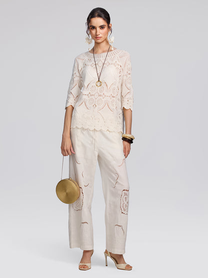Crochet Lace Cutwork Wave Hem Flared Sleeve Top