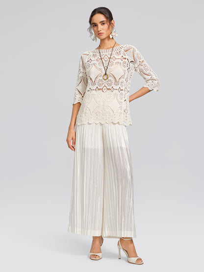 Crochet Lace Cutwork Wave Hem Flared Sleeve Top