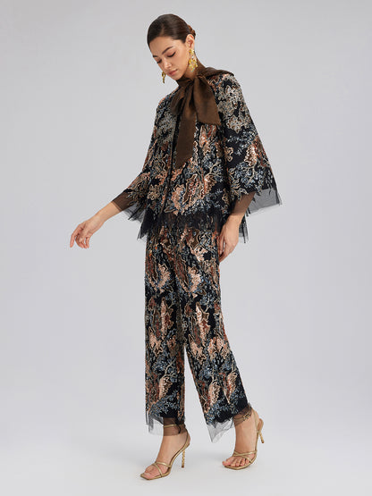 Sequin Vine Embroidered Tie-Neck Jacket