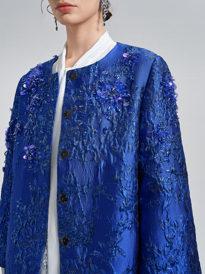 Royal Blue Hand-Beaded Jacquard Jacket