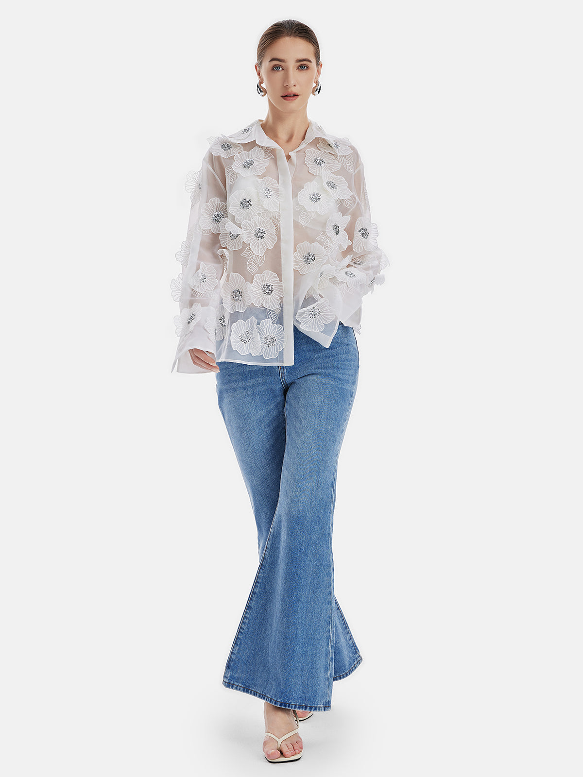 Sheer 3D Floral Sequined Shirt