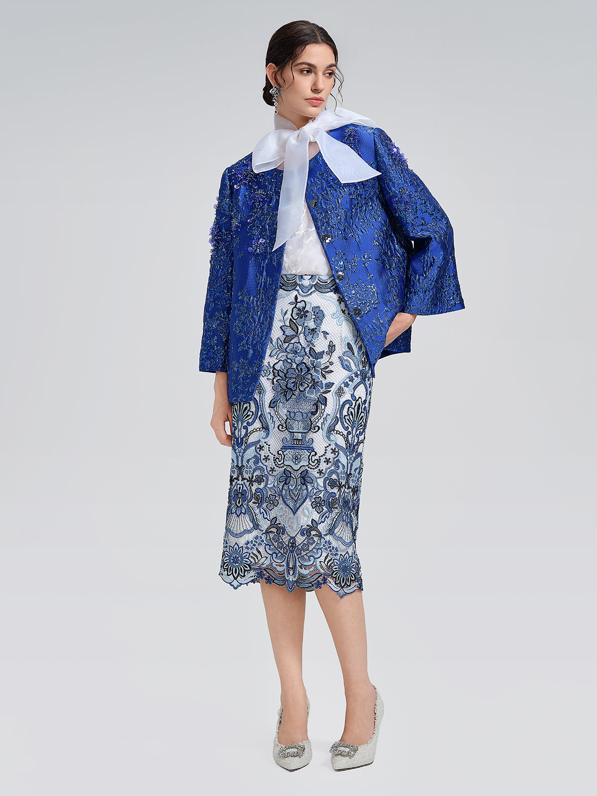 Silk Embroidered Tie-Neck Blouse