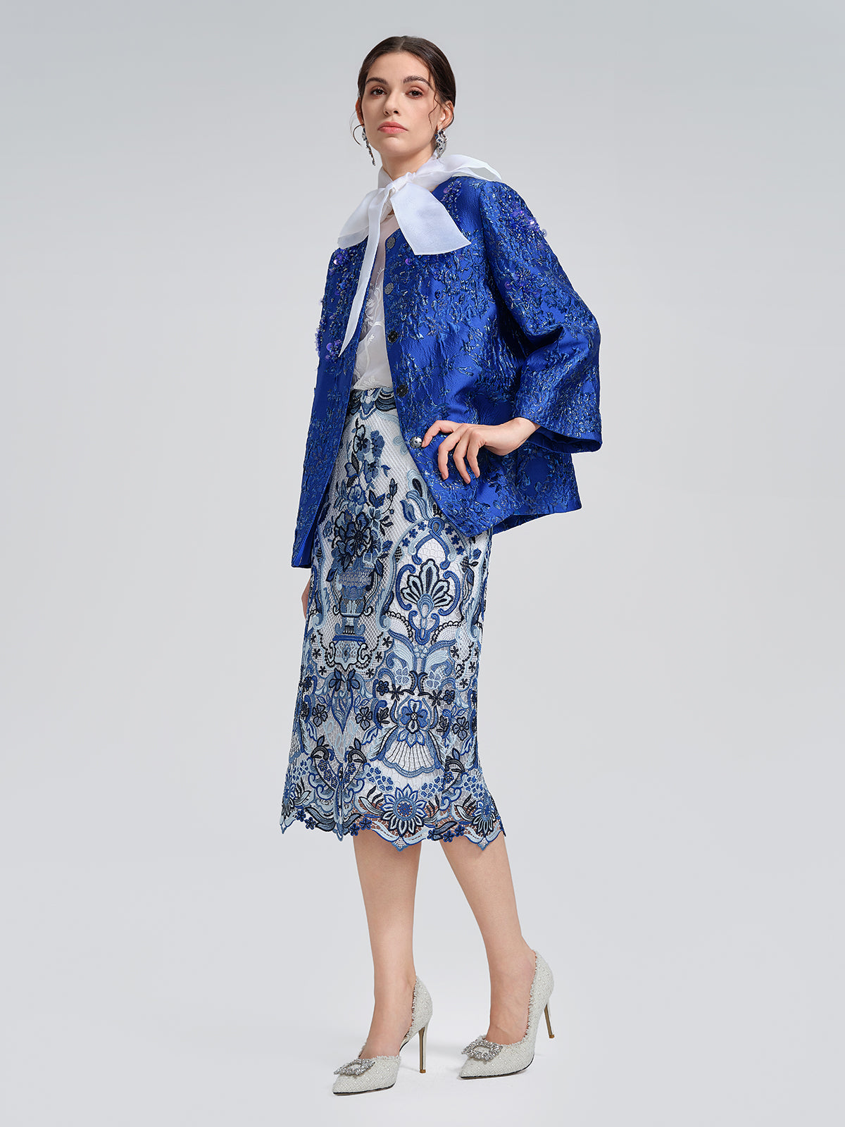 Royal Blue Hand-Beaded Jacquard Jacket