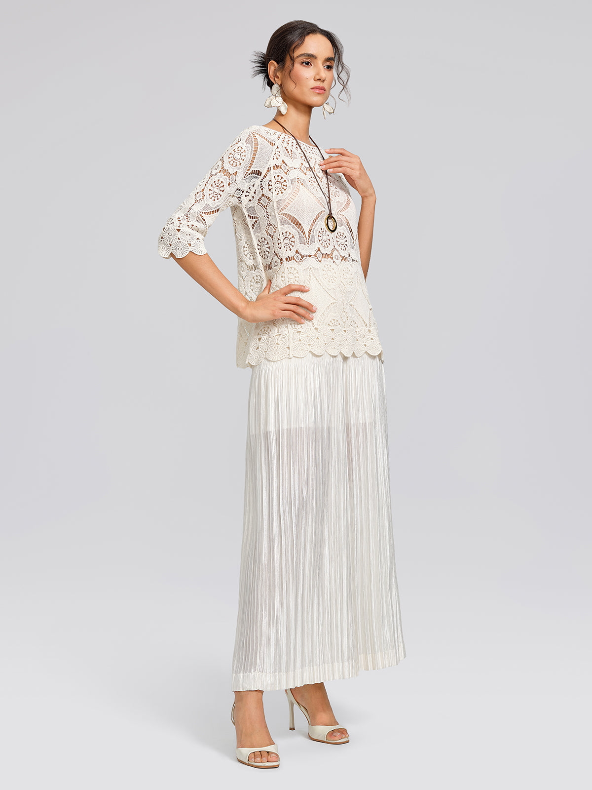 Crochet Lace Cutwork Wave Hem Flared Sleeve Top