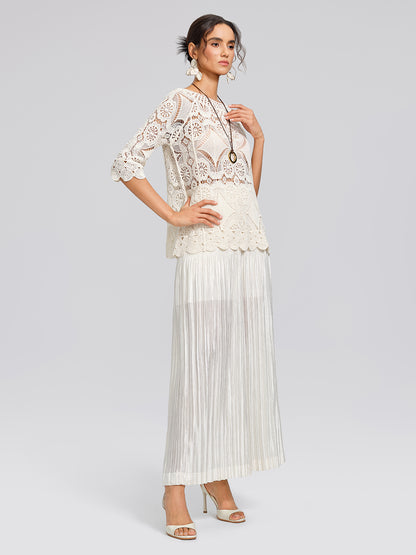 Crochet Lace Cutwork Wave Hem Flared Sleeve Top