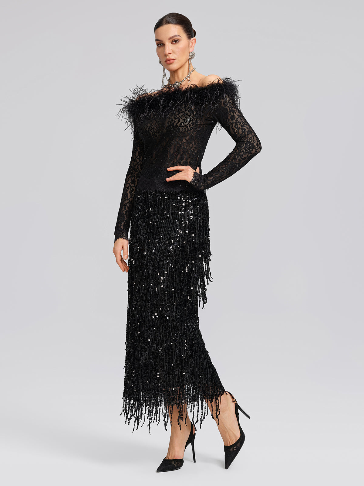 Sequin Lace Off-Shoulder Feather-Trim Top