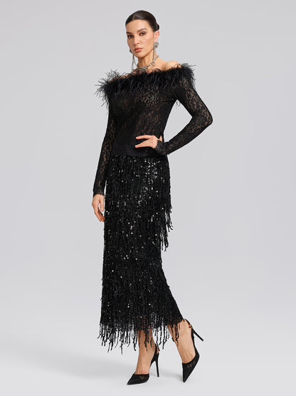 Sequin Lace Off-Shoulder Feather-Trim Top