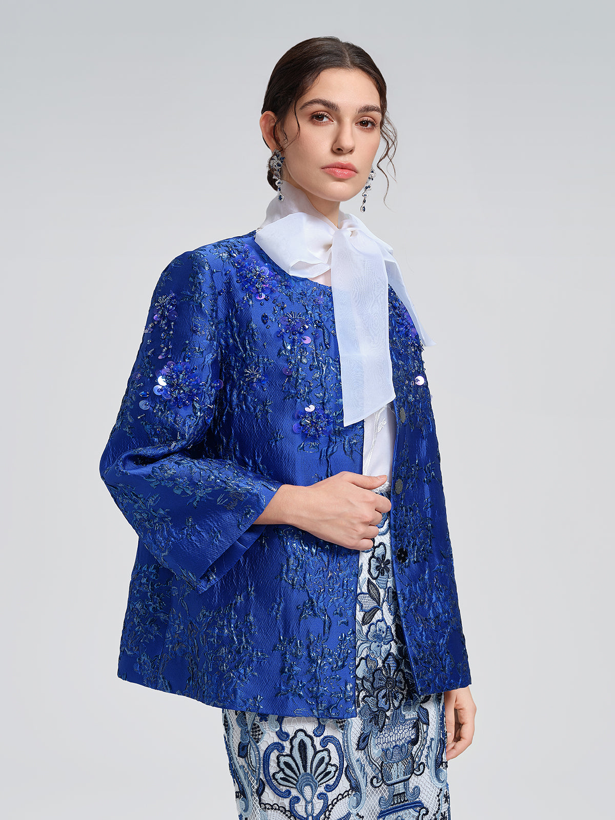 Royal Blue Hand-Beaded Jacquard Jacket