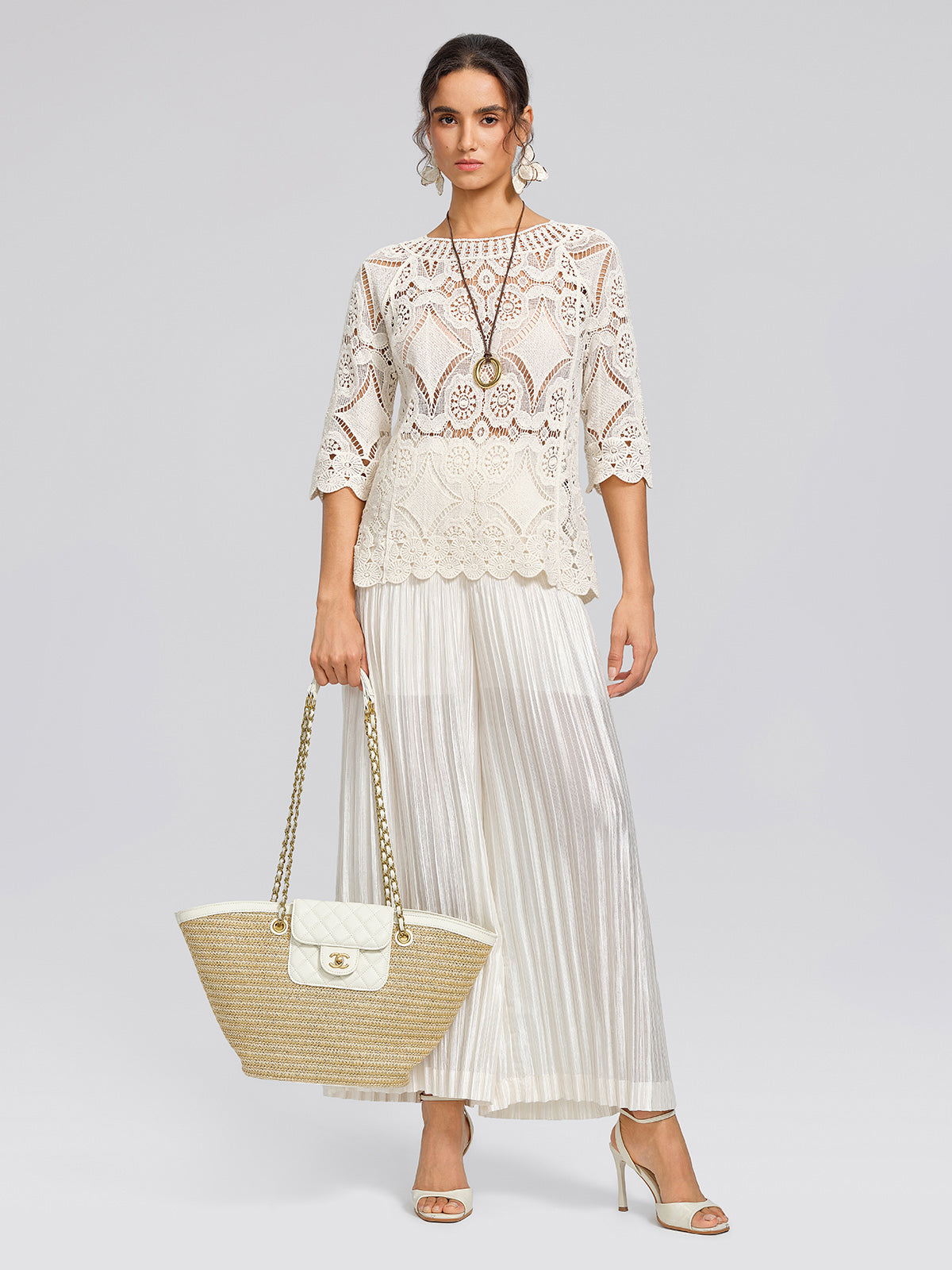 Crochet Lace Cutwork Wave Hem Flared Sleeve Top
