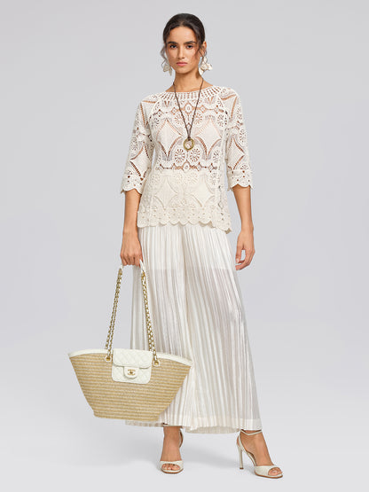 Crochet Lace Cutwork Wave Hem Flared Sleeve Top
