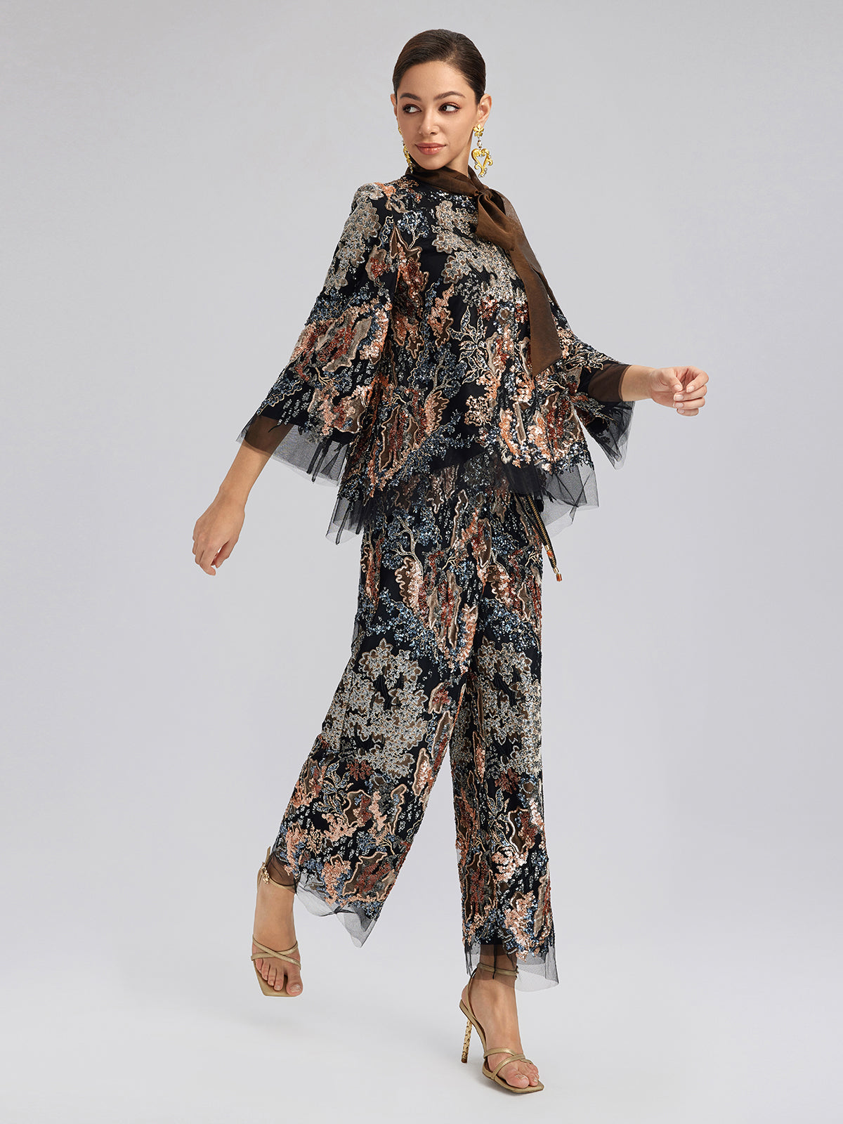 Sequin Vine Embroidered Straight Pants