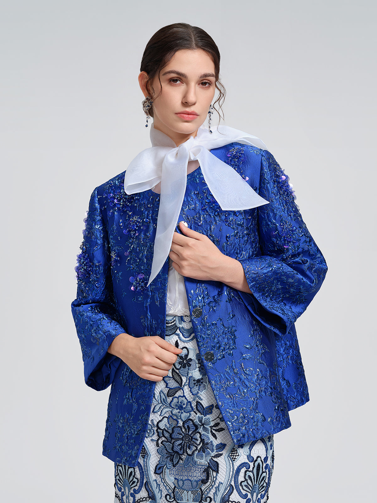 Silk Embroidered Tie-Neck Blouse