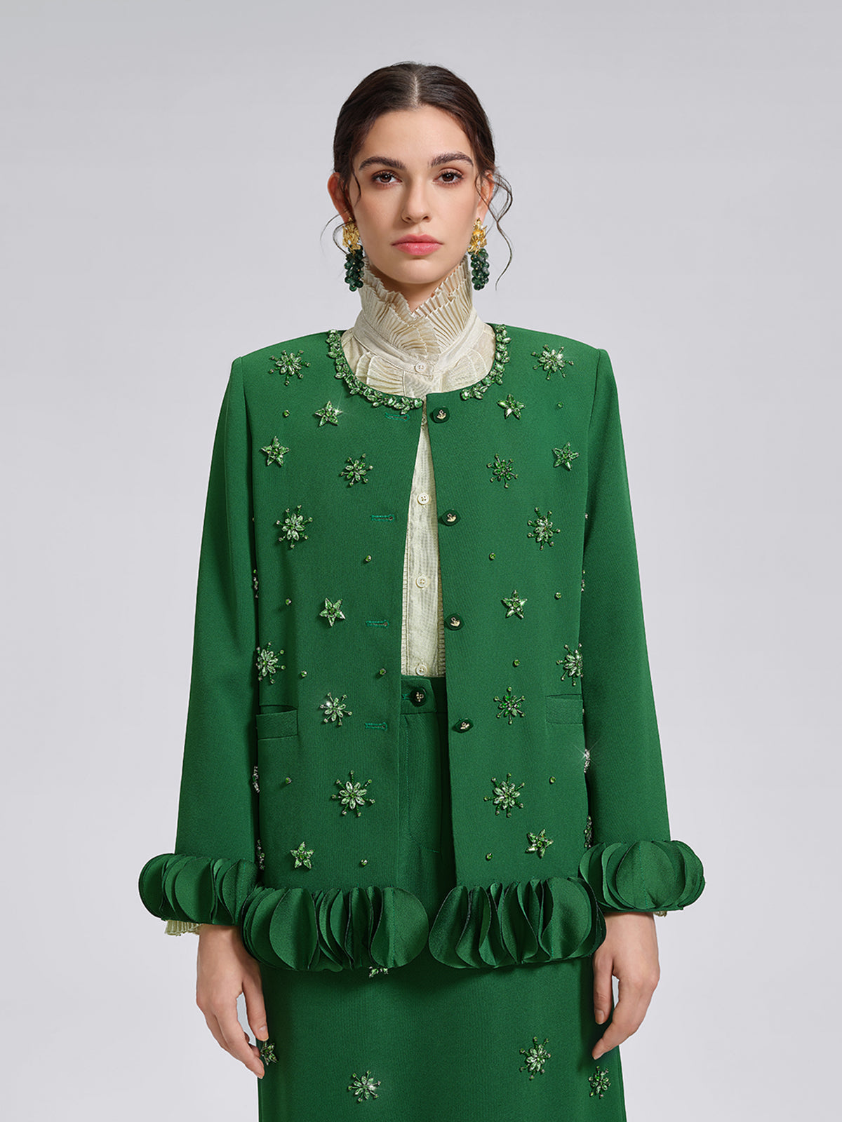 Hand-Beaded Floral Trim Jacket