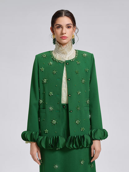 Hand-Beaded Floral Trim Jacket