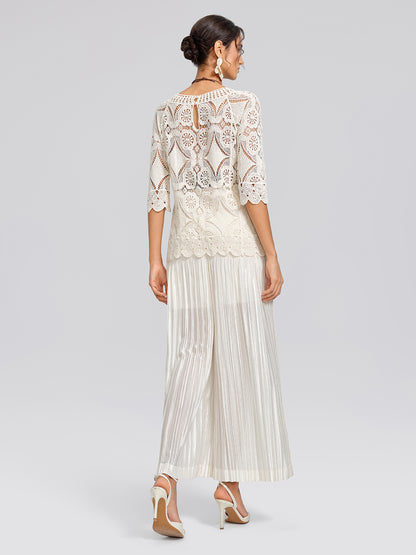 Crochet Lace Cutwork Wave Hem Flared Sleeve Top