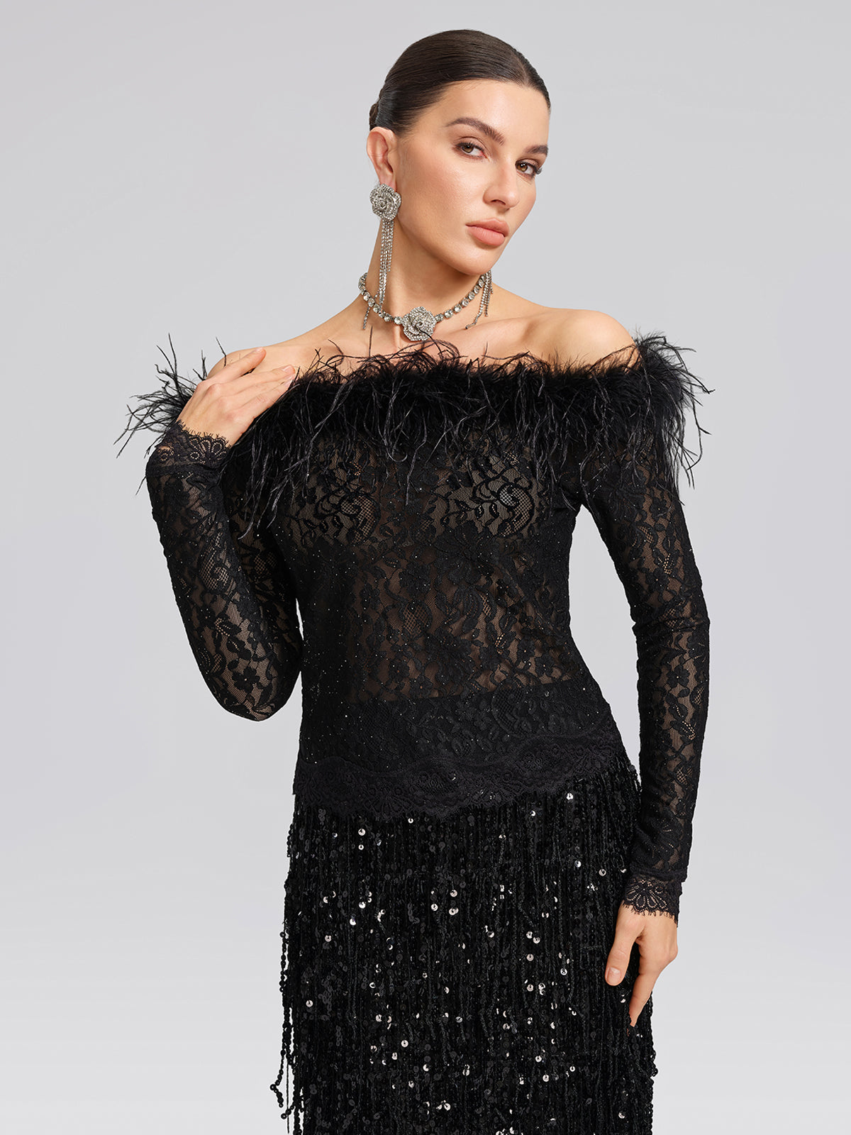 Sequin Lace Off-Shoulder Feather-Trim Top