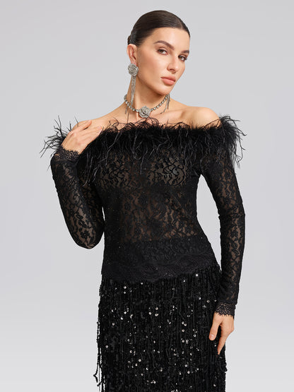 Sequin Lace Off-Shoulder Feather-Trim Top