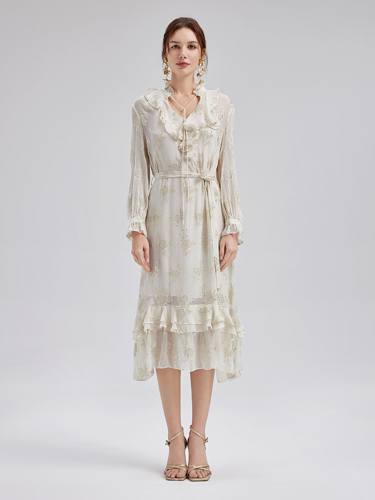 Silk Jacquard Ruffle Dress