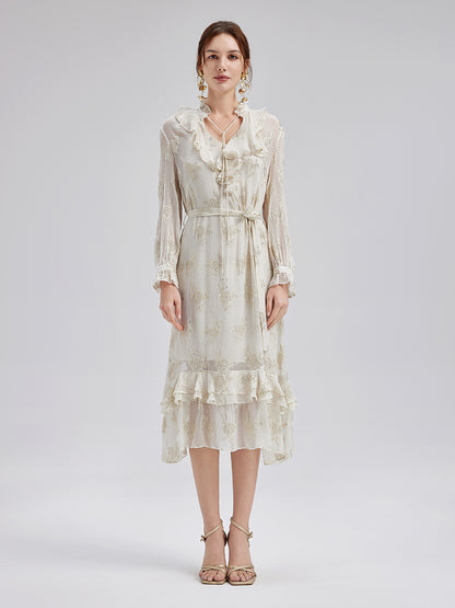 Silk Jacquard Ruffle Dress