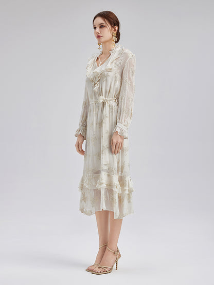 Silk Jacquard Ruffle Dress