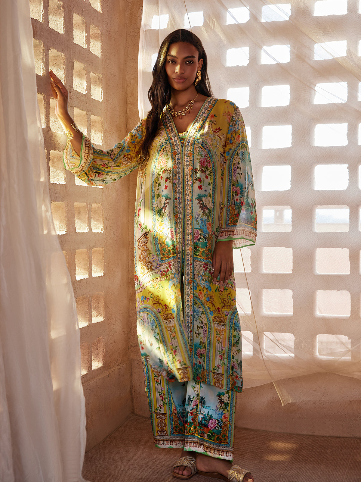 100% Silk Manor Print Wide Leg Pants