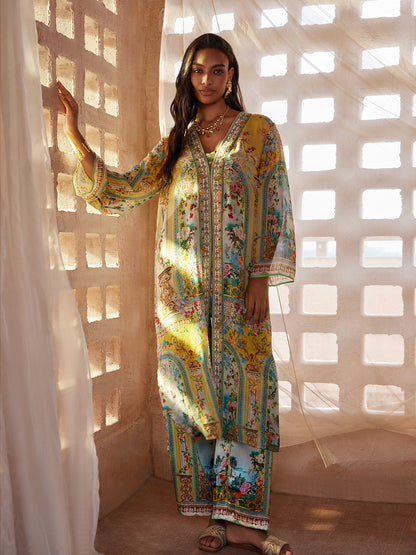 100% Silk Manor Print Wide Leg Pants