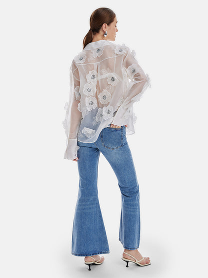 Sheer 3D Floral Sequined Shirt