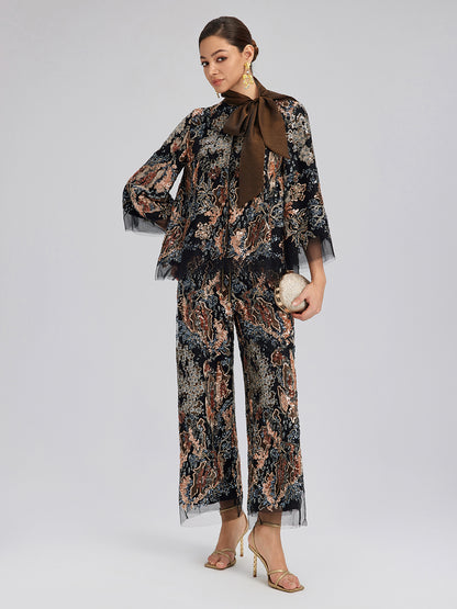 Sequin Vine Embroidered Straight Pants