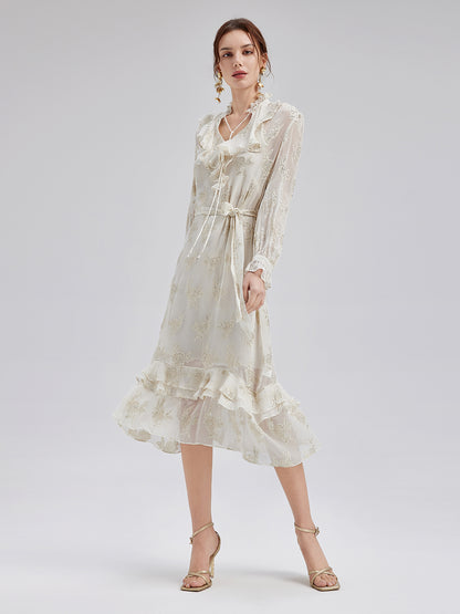 Silk Jacquard Ruffle Dress