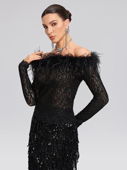 Sequin Lace Off-Shoulder Feather-Trim Top
