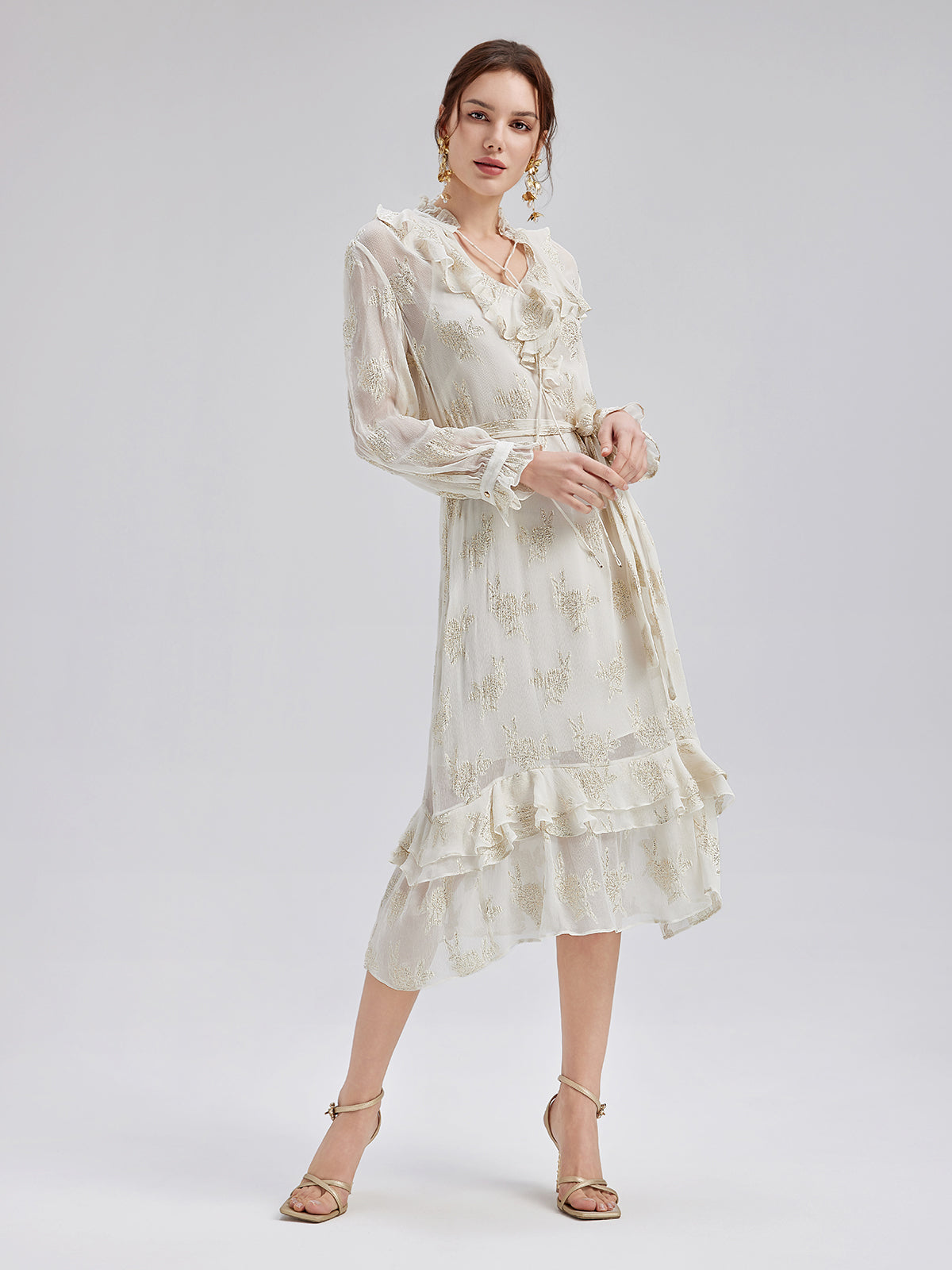 Silk Jacquard Ruffle Dress