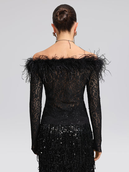 Sequin Lace Off-Shoulder Feather-Trim Top