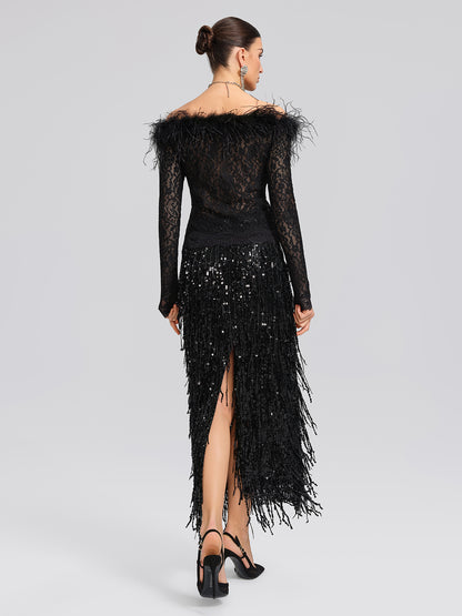 Sequin Lace Off-Shoulder Feather-Trim Top